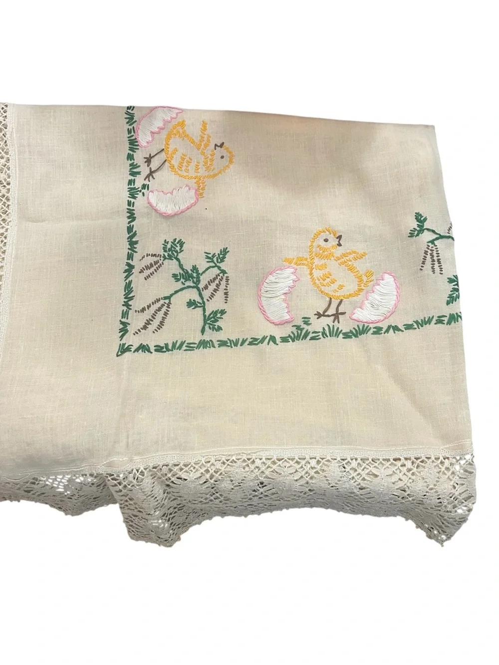 Vintage tablecloth hand-embroidered chicks flower motifs on white linen 42X 52”